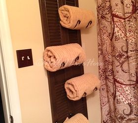 diy shutter towel rack, bathroom ideas, diy, repurposing upcycling, storage ideas, woodworking projects, Finished DIY Shutter Towel Rack made by Hello I Live Here
