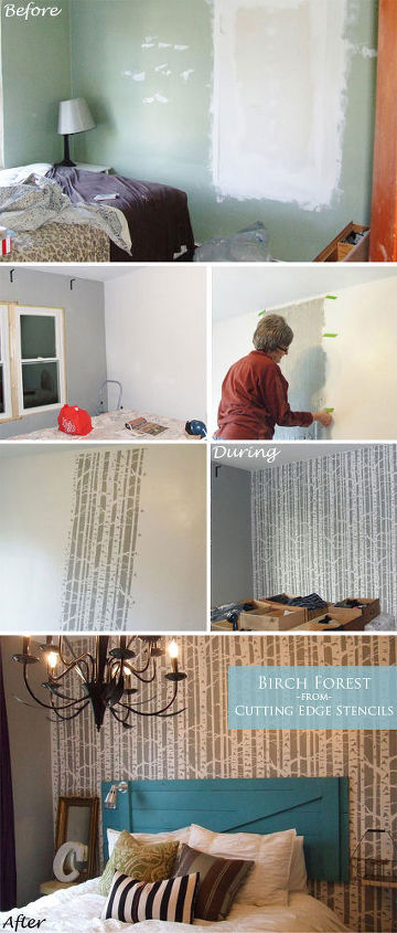 birch forest bedroom decorating transformation, bedroom ideas, painting, How To stencil process creating Birch Forest Bedroom