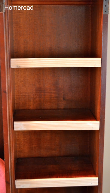 creating bin shelving from an old china cabinet, kitchen cabinets, painted furniture, Adding trim molding gave the shelves a lip