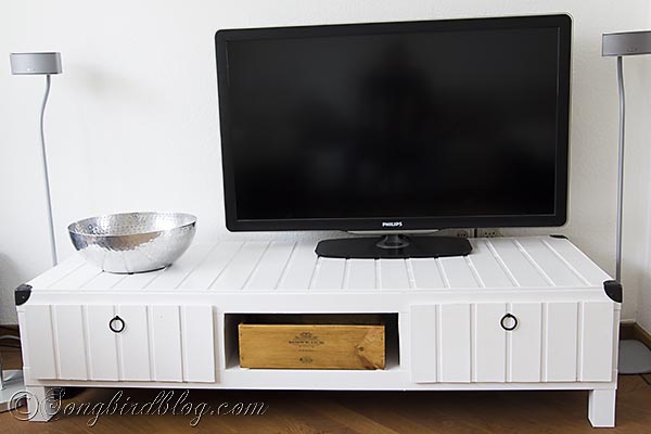 ikea hack tv stand makeover, home decor, painted furniture, repurposing upcycling, A new wine box made to look vintage is used to house the TV guide and remote controls