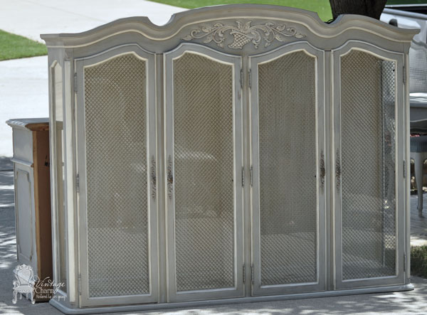 painted french china hutch makeover, home decor, painted furniture, repurposing upcycling, the top Maison Blanche Franciscan Grey Hurricane and custom mix of Magnolia and Baguette to create the off white