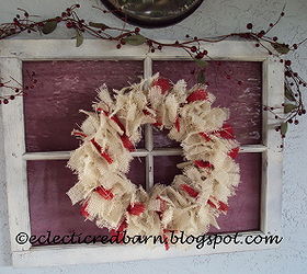 knotted burlap christmas wreath, christmas decorations, crafts, seasonal holiday decor, wreaths, Old window decorated for the holidays