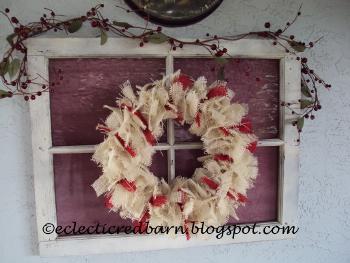 knotted burlap christmas wreath, christmas decorations, crafts, seasonal holiday decor, wreaths, Old window decorated for the holidays