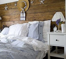summer bedroom decorating ideas, bedroom ideas, home decor, My repurposed wood headboard is perfect to dress up through the seasons A straw hat and sea stars take it right into summer mode