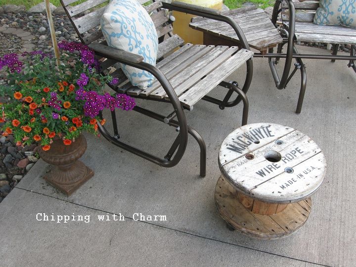 old spool to ottoman re purposed for our patio enjoyment, outdoor living, repurposing upcycling