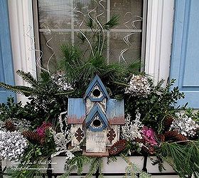 winter window box decorating, gardening, outdoor living, seasonal holiday decor, The other front window box with a birdhouse