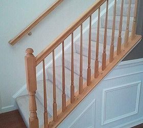 diy painting stair railing fixing color mistakes, painting, stairs, BEFORE I knew I wanted to change the color of my railings after wainscoting witness ALL the colors in between the before and after