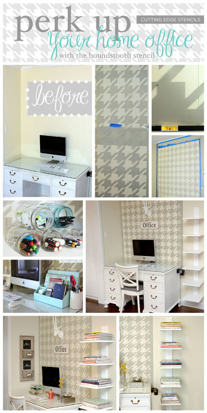 perk up your home office with the houndstooth stencil, craft rooms, home office, storage ideas, wall decor