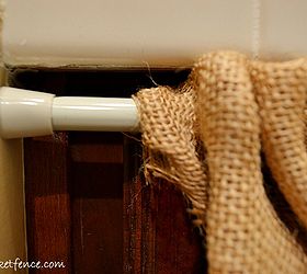 no sew burlap bathroom vanity skirt, bathroom ideas, crafts, reupholster, A simple tension rod fits right underneath the counter