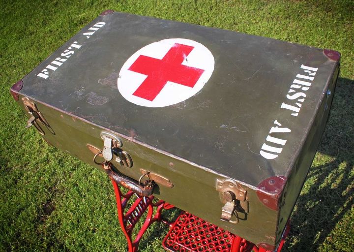 repurposed wwii military first aid storage suitcase table w sewing machine base, repurposing upcycling, Custom graphics were stenciled and painted onto the top of the vintage suitcase and then distressed