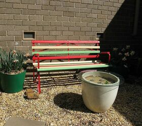 spring is sprung check out the garden, flowers, gardening, The table is a glazed pot with a zen like garden in sand and glass top on bumpers Bench was another ebay find which I painted