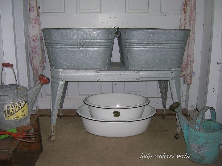 my potting shed my favorite place to be in the summer, container gardening, flowers, gardening, home decor, outdoor living, Love anything galvanized but these double laundry tubs are among my favorites
