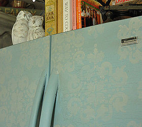 refrigerator makeover using maison blanche chalk paint, appliances, painting, Robin s Egg Blue main color Dark waxed and then the stencil was was a wash mixed with Silver Mink and Cobblestone and used light brown wax to age the wash even more