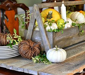make a fast and easy rustic and elegant fall centerpiece, repurposing upcycling, seasonal holiday d cor, Wooden toolbox filled with white and yellow pumpkins candles and greenery