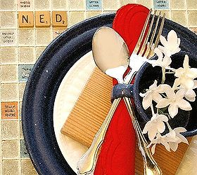 the summer table game boards as placemats, repurposing upcycling, seasonal holiday decor, The Red White Blue Tan coloring on Scrabble boards are perfect for summer table settings And Scrabble letters can serve as place markers