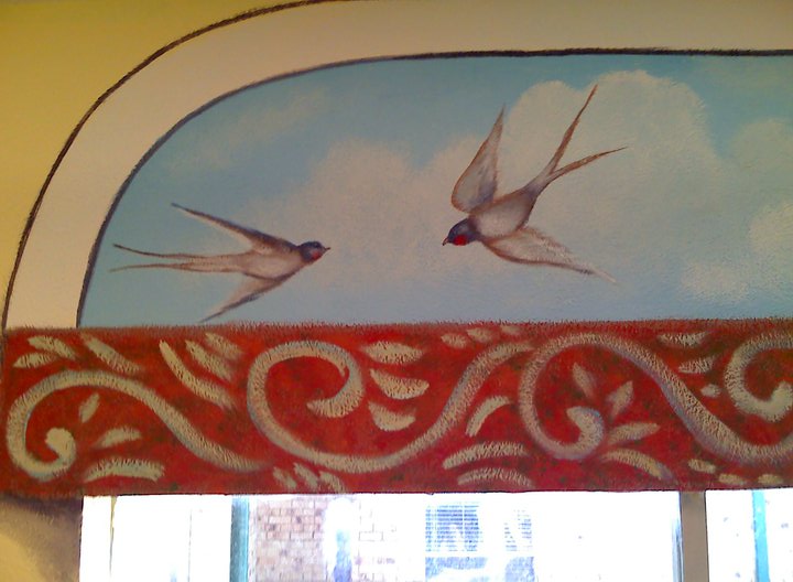 must see alzheimer secure unit nursing retirement home mural makeover, home decor, painted furniture, Even on a cloudy day or at night above the window is filled with light clouds and lively birds